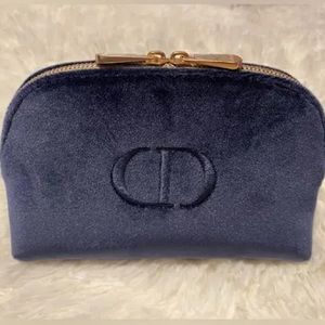 Dior Pouch Bag Cosmetic Case Purse Navy Velvet Logo Gold Zippers